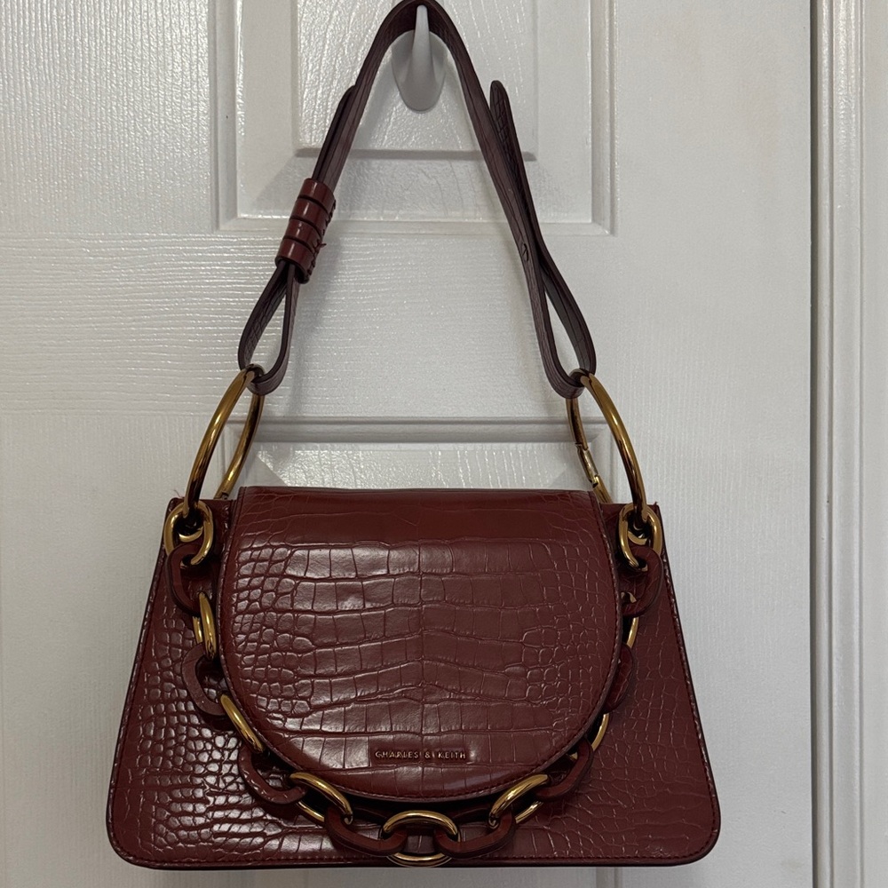 Charles & Keith Burgundy Croc-Embossed Shoulder Bag